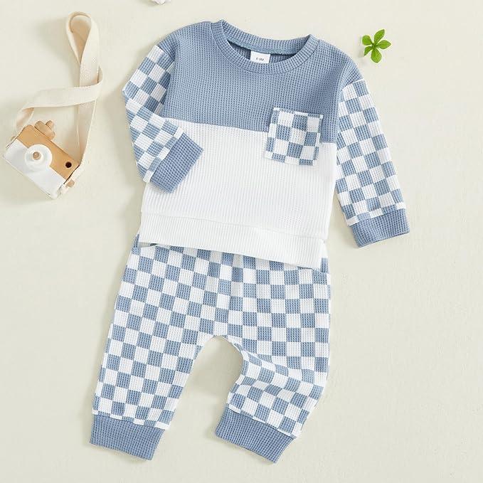 Toddler Baby Boy Fall Clothes Waffle Outfit Long Sleeve Color Blocking Sweatshirt Pullover Jogger Pant Set