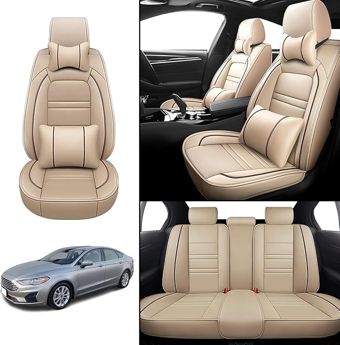 Car Seat Covers for Ford Fusion 2006-2020 | 5-Seats Seat Covers, Waterproof Seat Protectors, Automotive Seat Covers (Full Set with Pillow,Beige)