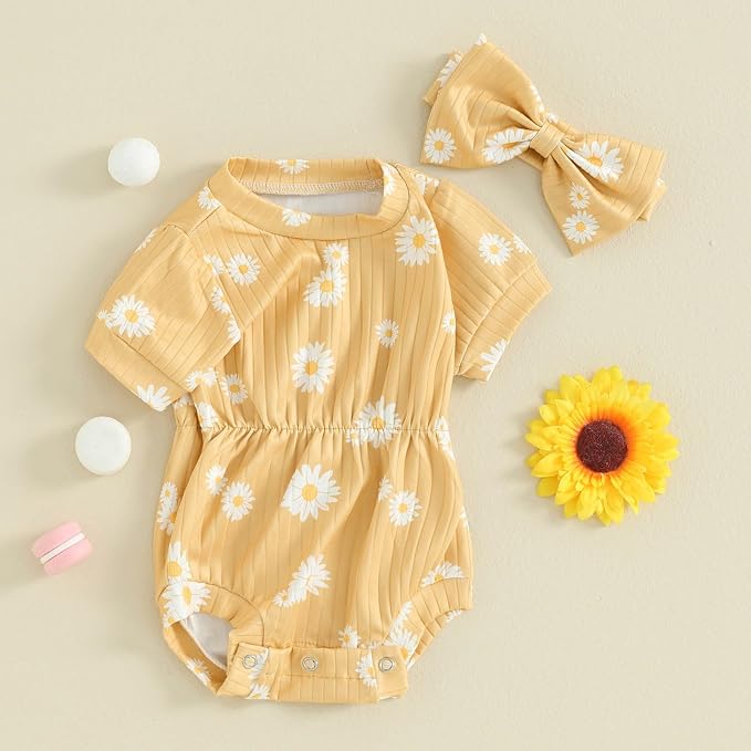FOCUSNORM Baby Girl Summer Clothes Ribbed Short Sleeve Romper Solid Color - Image 3