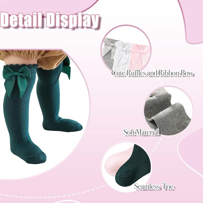 Baby Knee High Socks Newborn Ruffle Bow Socks Infant Long Sock Toddler Girls - Image 3