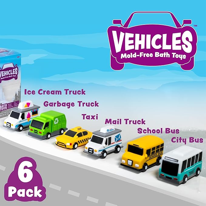 Tub Works® Vehicles™ Bath Cars Mold Free Bath Toys, 6 Pack | Sealed, No Hole Bath Toys Design Keeps Moisture Out | Soft, Squeezable & Float on Water | Fun Baby & Toddler Bath Toys | City Car Bath Toys