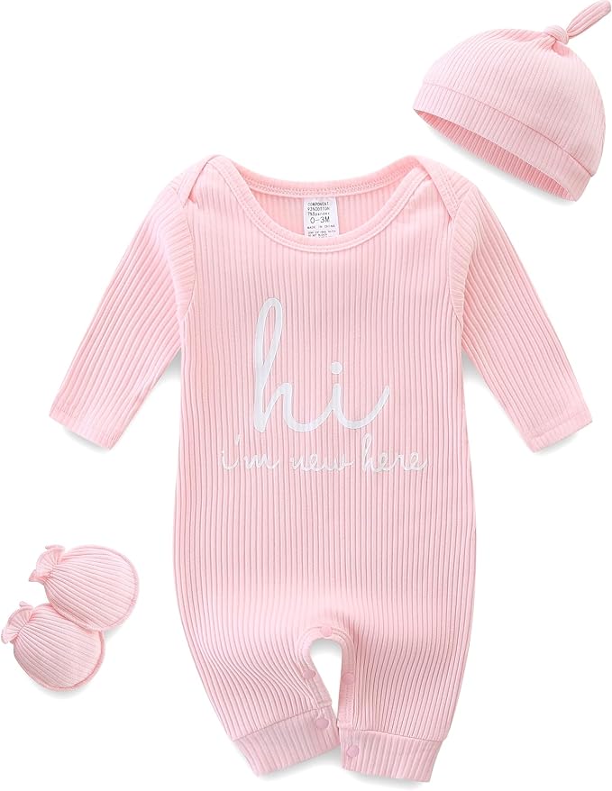 Baby Romper with Baby Mittens & Newborn Hats Footless Long Sleeve by Unknown