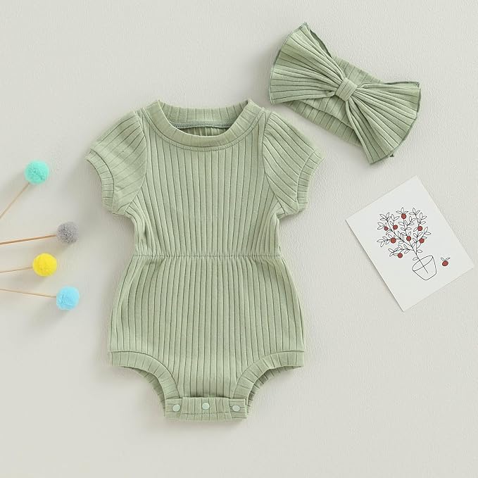 FOCUSNORM Baby Girl Summer Clothes Ribbed Short Sleeve Romper Solid Color - Image 5