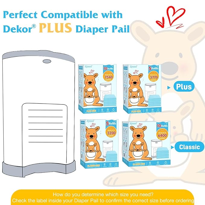 10 Pack Diaper Pail Refill Bags Compatible with Dekor Classic Diaper Pail, 40% Extra Length Refills Holds up to 6400 Diapers, Thickened Multi-layer Odor Control Diaper Bags (Baby Scent)