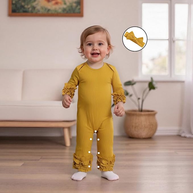 Newborn Baby Girl Clothes Jumpsuit Ruffle Romper Bodysuit Pants Headband - Image 3