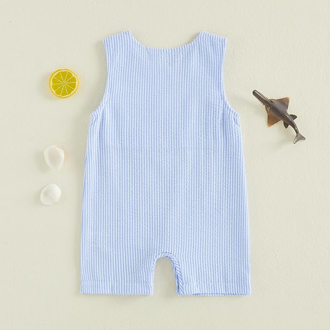 Newborn Baby Boys Sleeveless Seersucker Romper One Piece Straps Overalls - Image 3