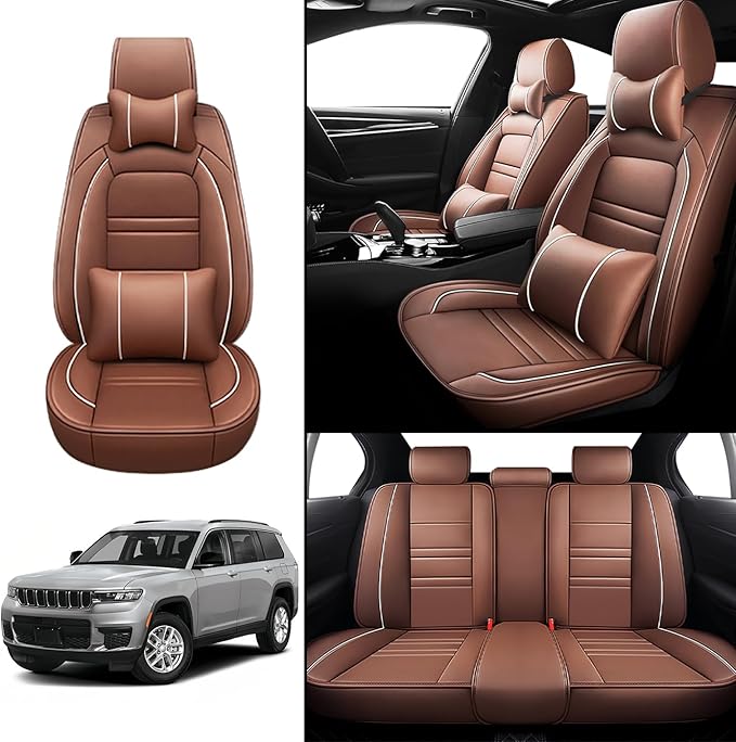 Car Seat Covers for JP Grand Cherokee 2011-2025 | 5-Seats Seat Covers, Waterproof Seat Protectors, Automotive Seat Covers (Full Set with Pillow,Coffee)