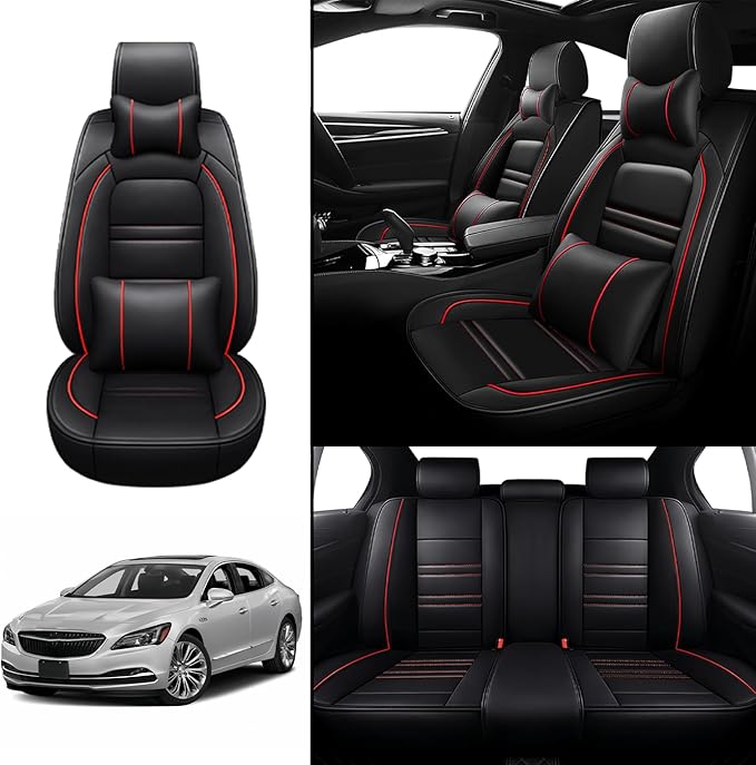 Car Seat Covers for Buick Lacrosse 2005-2019 | 5-Seats Seat Covers, Waterproof Seat Protectors, Automotive Seat Covers (Full Set with Pillow,Black&Red Line)