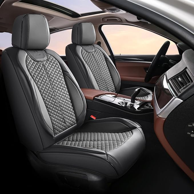 Doogo Car Seat Covers, Front Seat Covers, Automotive Seat Covers 2PCS, Luxury Gary Leather Driver Seat Cover Universal Fit for SUV Sedan Truck Truck