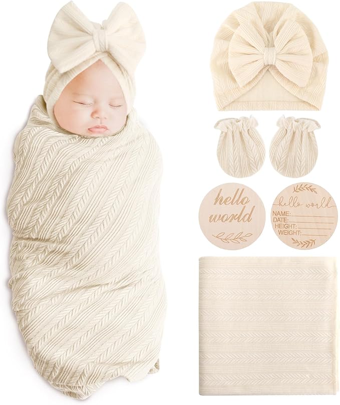 AQOKKA Newborn Receiving Blanket Wheat Ear Bow Hat Mitten Set | 4 Set Receiving by AQOKKA