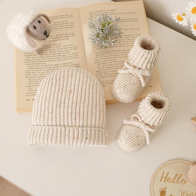 LAWKUL Baby Beanie and Booties 2-Piece Set | Newborn, Knit Hat, Cotton Sock - Image 4