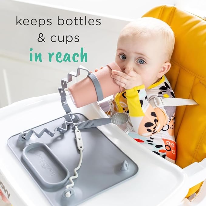Busy Baby Gift Set - Includes 1 Busy Baby Mat 1 - Bottle Bungee 1- Teething Spoon and 4 Universal Bungee Straps in a Gift Bag, Keeps Baby Essentials Within Reach (Pewter)