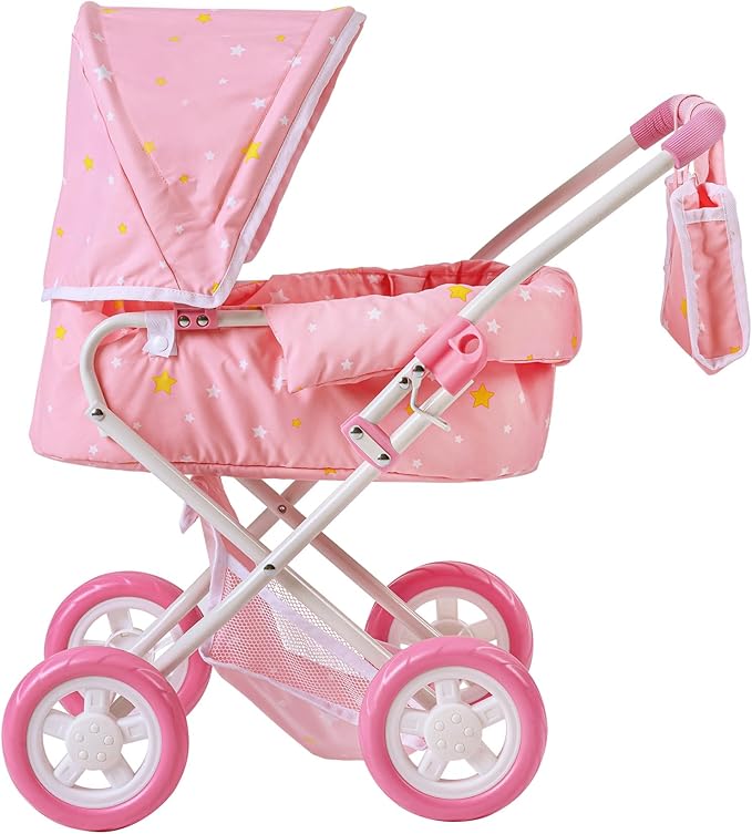 Olivia's Little World - Play Baby Doll Bassinet Stroller, Baby Doll Pram Stroller Buggy for 3 4 5 Year Old Girls, Toy Stroller for Toddlers 1-3, Twinkle Stars Princess Deluxe Toy Stroller - Pink/White