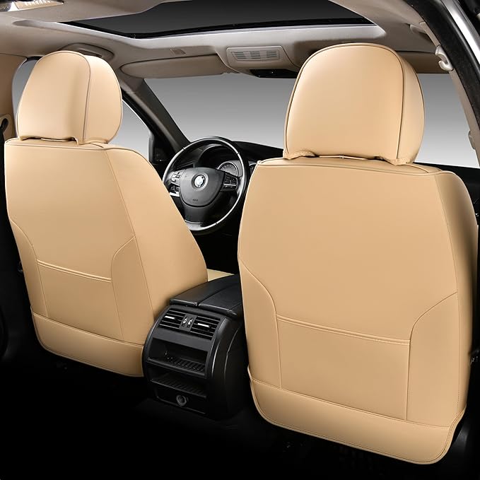 Doogo Car Seat Covers Full Set, Leather Seat Covers 5 Seats, Waterproof Car Seat Cushions, Auto Front and Rear Seat Protectors Automotive Covers Fit for Most Cars-Beige
