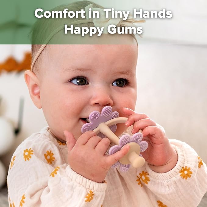 haakaa Silicone Twin Flower Teether,Nipple-Shaped End for Gum Massage,360° Baby Toothbrush Head for Self-Brushing Training,Easy to Grip - Lavender