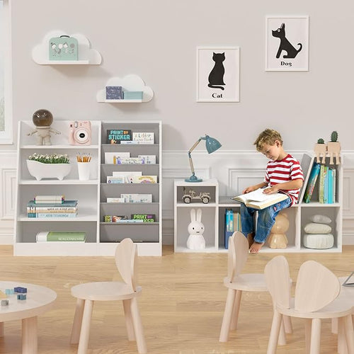 4 Tier Kids Wooden Bookshelf, 5 Layer Sling Toddler Bookcase,Baby Storage Book Rack,Book and Toy Organizer Cabinet,Children Book Display,Playroom Nursery Classroom Kid Room