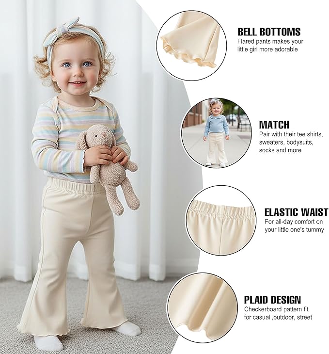 SOBOWO Checkered Baby Girl Flare Pants 3 Pack Toddler Bell Bottoms Plaid Ruffle Leggings Pants Fall Winter Outfits Size 6M-4T