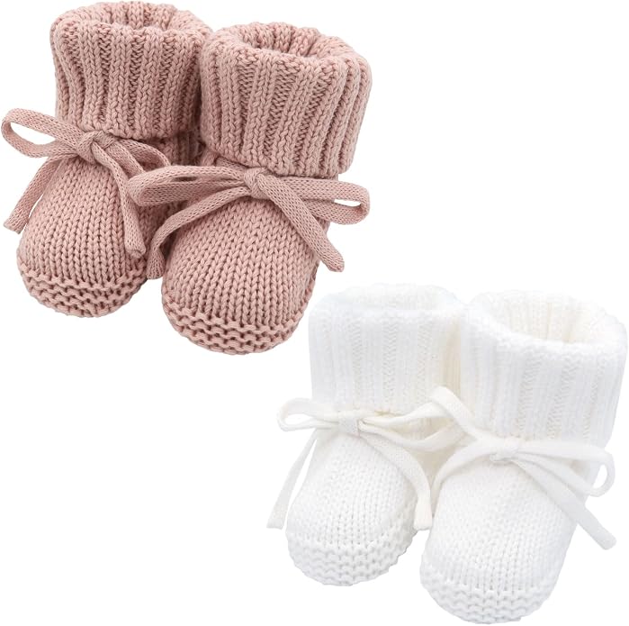 LifeTree Baby Knit Booties-2 Pairs, Cozy Cotton Handmade Crochet Baby Shoes by LifeTree