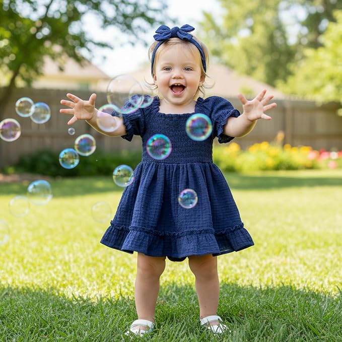 GRNSHTS Baby Girl Romper Dress, Puff Sleeve Smocked Outfit - Image 3