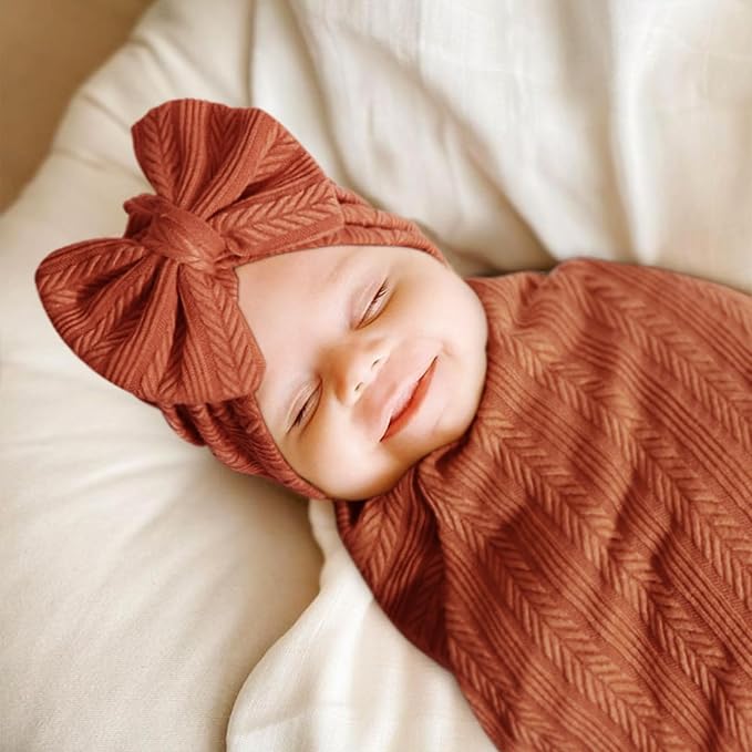 AQOKKA Newborn Receiving Blanket Wheat Ear Bow Hat Hairband Set - Image 2
