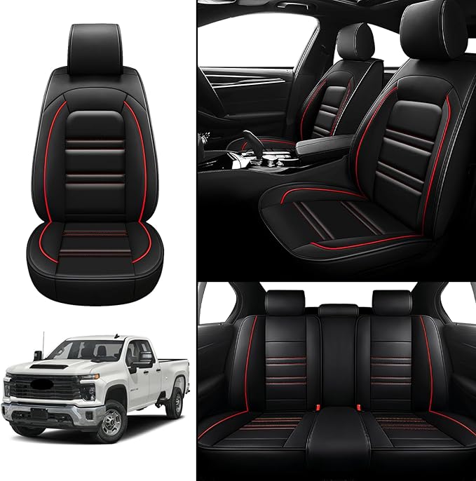 Seat Covers for Chevy Silverado 2500 2007-2025 | 5-Seats Leather Seat Covers, Easy to Install Automotive Seat Covers Full Set (Full Set, Black&Red Line)