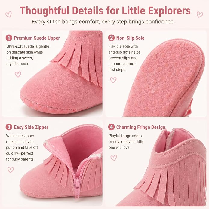 Meckior Baby Girls Cowboy Tassel Boots Side Zipper Moccasins Soft Bottom - Image 3