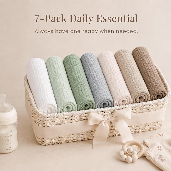 Konssy 7-Pack Muslin Baby Burp Cloths, 6-Layer 100% Cotton | Soft & Absorbent - Image 7
