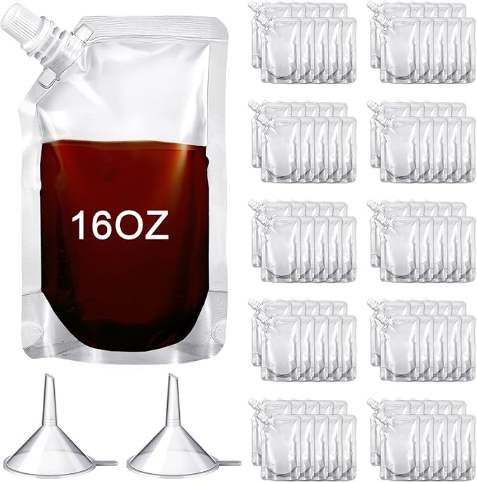 Meanplan 100 Pcs Plastic Pouches Bulk Reusable Squeeze Pouches Clear Plastic Juice Leak Proof Bags with Funnel for Party Favors Supplies(16 oz,Inclined Mouth)