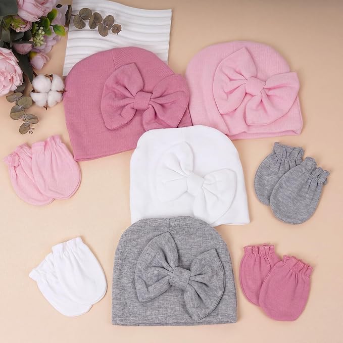 4Pack Newborn Baby Hats and Mittens Set Cotton Bow Infant Caps Gloves Warm Knit - Image 8