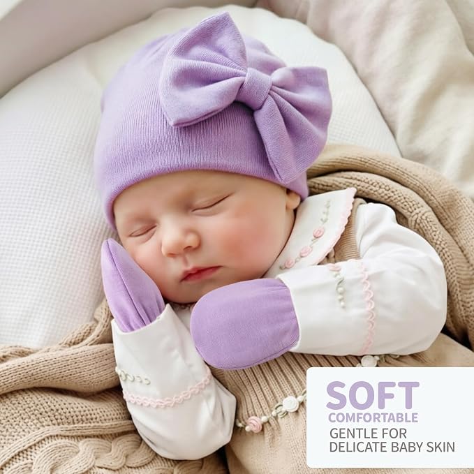 BQUBO Newborn Girls Hats Baby Hat and Mittens Set Infant Caps Bow Hospital - Image 3