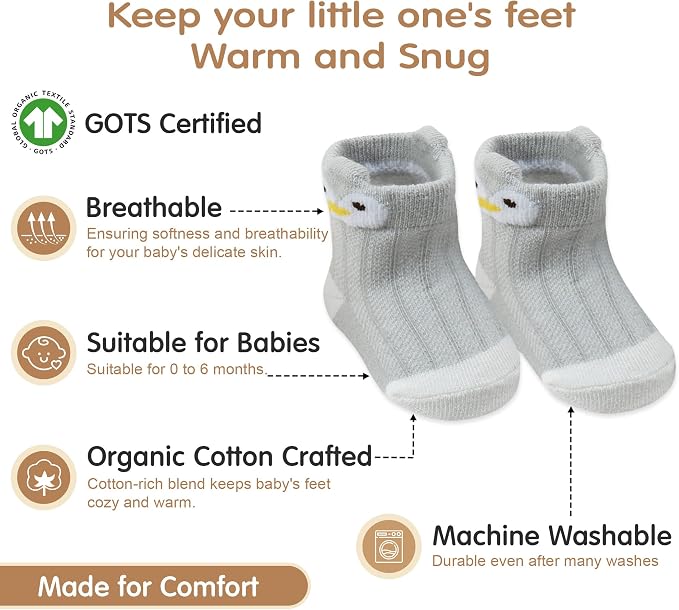GOTS Organic Cotton Blend 7 Baby Socks 0-6 Months Animal Design Non Slip - Image 3