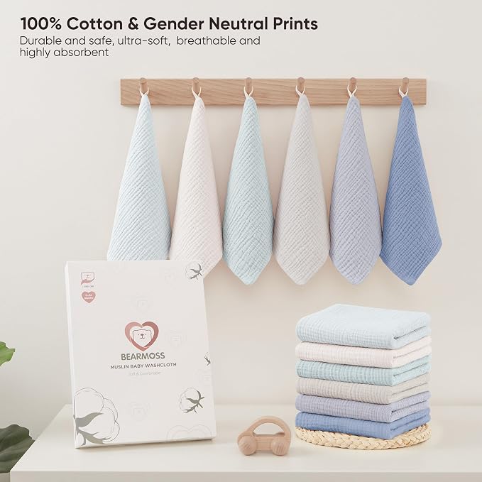 Bearmoss 12 Pack Baby Muslin Washcloths, 100% Cotton 10"x10" Face Towels - Image 7