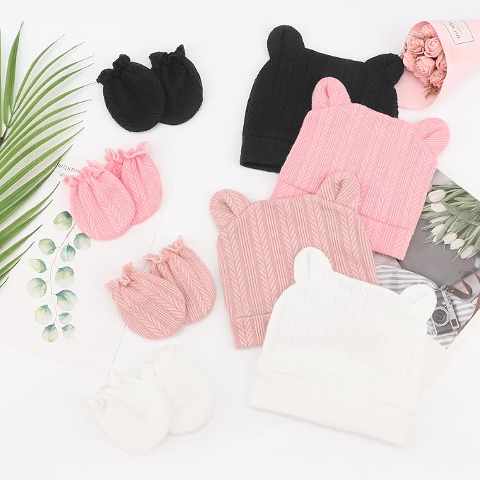 BQUBO Newborn Baby Hats Bear Ears and Mittens Sets Preemie Caps Baby Boy Girl - Image 7