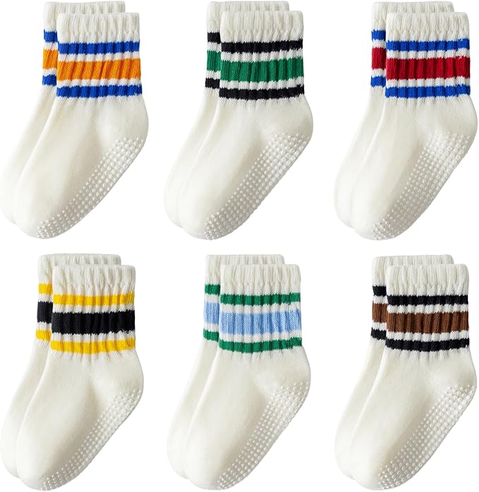 Toddler Non-Slip Socks Unisex Baby Grip Stripe Crew Cotton Socks | Seamless by AniKigu