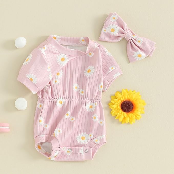 FOCUSNORM Baby Girl Summer Clothes Ribbed Short Sleeve Romper Solid Color - Image 3
