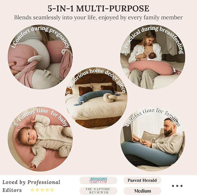 Pregnancy Pillow 5-in-1 【Cooling Cover, Adjustable Firmness】 Patented Lock Design, Turn into O-Shape Nursing Pillow, 5-Point Full Body Support, Maternity Pillow with Travel Bag - Pink