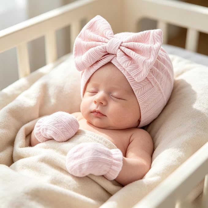 4 Pcs Newborn Hats Mittens Set Infant Cap Bow Hospital Beanie Preemie Hat - Image 6