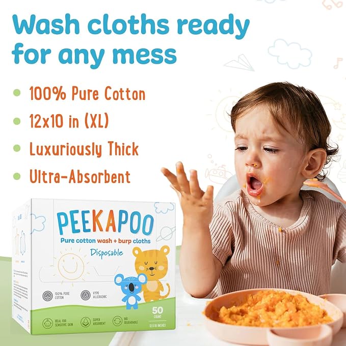 Peekapoo - Disposable Cotton Wash Cloths, Biodegradable, Baby Burp Cloths - Image 3