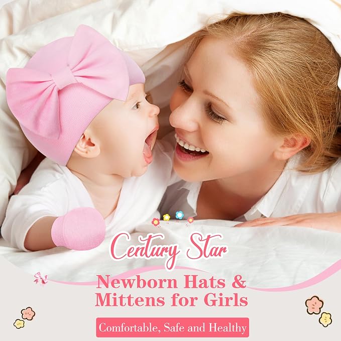 Newborn Baby Girl Hats and Mittens Set, Hospital Hat, Bow Beanie Infant Gift - Image 8