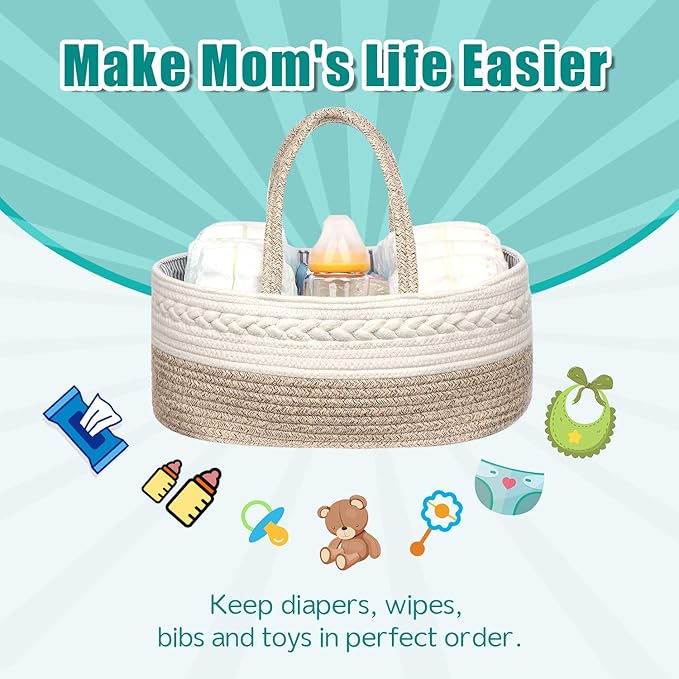 Baby Diaper Caddy Organizer -100% Cotton Baby Basket Bin with Removable Divider -Portable Tote Bag Storage Basket for Boy & Girl Nursery Organization (White & Yellow Variegated)