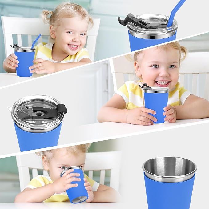Kids Cups with Lids and Straws, 12oz Toddler Tumblers with Straws and Lids Spill Proof Cup for Kids Stainless Steel Sippy Cups for School, Outdoor, 6 Pack
