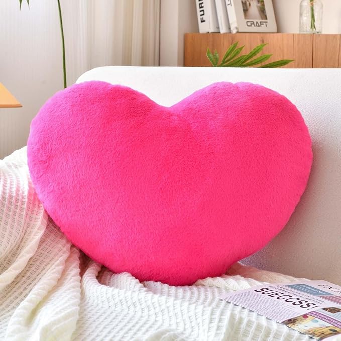 Hot Pink Heart Pillows, Cute Heart Decorative Pillow, Heart Shaped Throw Pillows for Bed, Faux Rabbit Fur Plush Hoom Decor Pillow Cushion for Chair Sofa Living Room (Medium-15.7"x11.8")