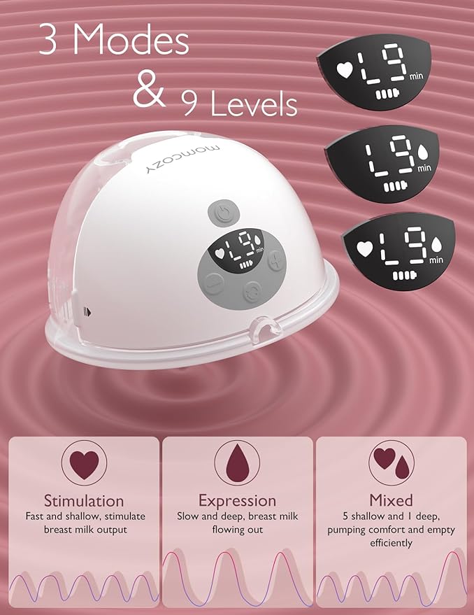 Momcozy M5 Hands-Free Wearable Breast Pump, Double-Sealed Flange for Baby-Like Comfort, 3 Modes & 9 Suction Levels, Portable Electric Pump – 24mm, 1-Pack Quill Gray