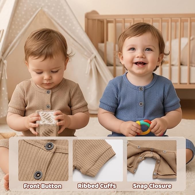 Bafeicao Baby Boy Girl 2/3 Pack Solid Romper Ribbed Short/Long Sleeve | - Image 3