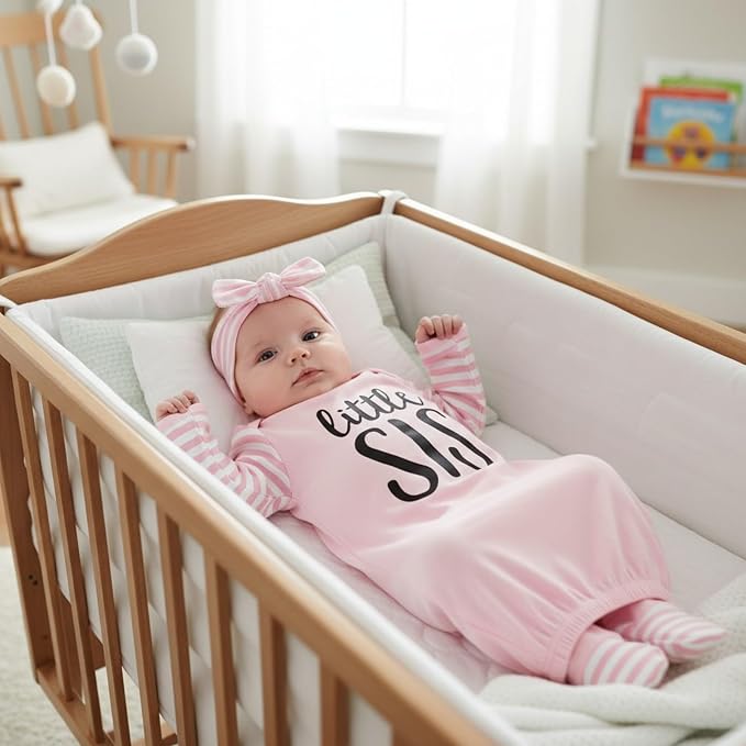 AMAWMW Newborn Baby Girl Little Sister Sleeper Gown Stripe Long Sleeve - Image 3