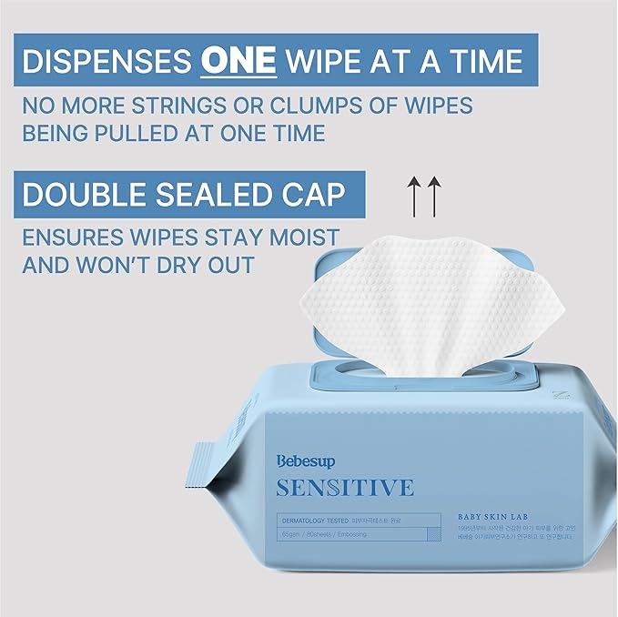 BEBESUP-Korea’s #1 Sensitive Baby Wipes -Hypoallergenic Water-based Unscented Alcohol-Free Extra-Thick Ｏrganic Superfood Extracts Plant- Based for sensitive skin Flip-Top 640 Count (8 Packs)