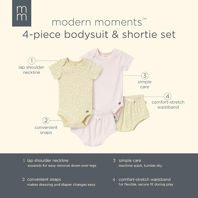 Modern Moments by Gerber Baby 4-Pack Short Sleeve Bodysuits & Shortie Set - Image 6