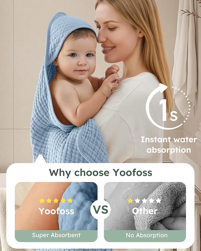 Yoofoss Hooded Baby Bath Towels 2 Pack 100% Muslin Organic Cotton - Image 3