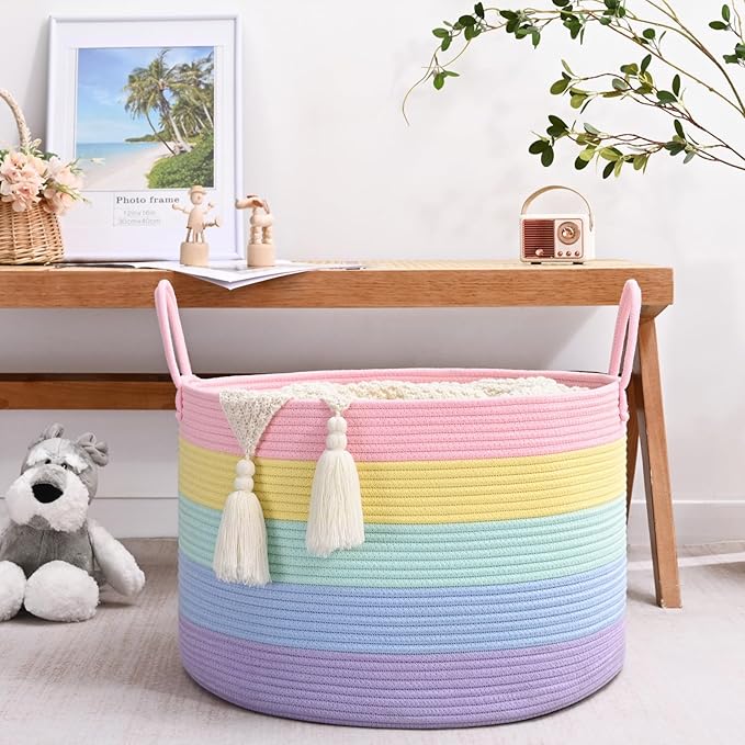 67L Rainbow Storage Basket for Organizing, 20"×13" Large Laundry Baskets, Cotton Rope Woven Blanket Basket, Toy Storage for Kids, Collapsible Blankets Storage for Living Room, Nursery Room