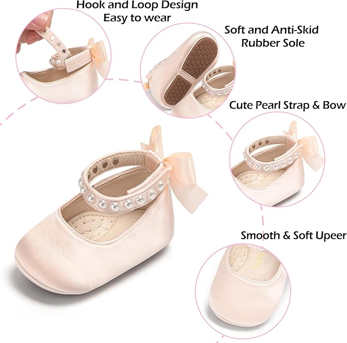 Baby Girls Mary Jane Flats - Infant Newborn Walking Shoes Soft Rubber Sole Princess Wedding